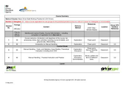 Course Summary Name of Course: Basic Driver Safe Working Practice for LGV Drivers Number of Delegates: 20 - Class is to be separated into sub groups for the practical periods to ensure a ratio of 1 trainer to 5 delegates