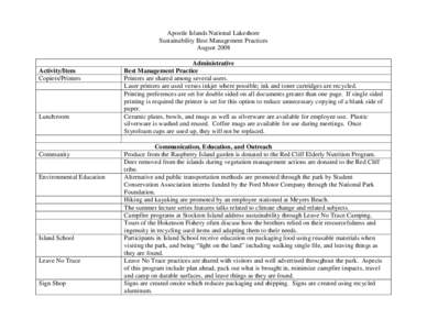 Apostle Islands National Lakeshore Sustainability Best Management Practices August 2008 Activity/Item Copiers/Printers