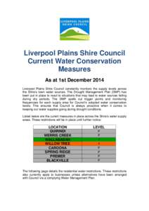 Liverpool Plains Shire Council Current Water Conservation Measures As at 1st December 2014 Liverpool Plains Shire Council constantly monitors the supply levels across the Shire’s town water sources. The Drought Managem