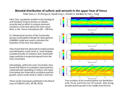 Bimodal	
  distribu.on	
  of	
  sulfuric	
  acid	
  aerosols	
  in	
  the	
  upper	
  haze	
  of	
  Venus	
   Peter	
  Gao	
  a,⇑,	
  Xi	
  Zhang	
  a,b,	
  David	
  Crisp	
  c,	
  Charles	
  G.	
