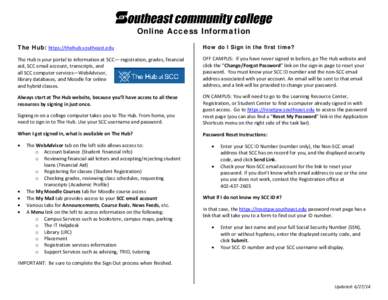 Online Access Information The Hub: https://thehub.southeast.edu How do I Sign in the first time?  The Hub is your portal to information at SCC— registration, grades, financial