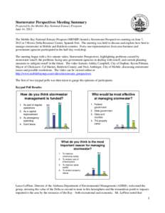 Stormwater Perspectives Meeting Summary Prepared by the Mobile Bay National Estuary Program June 14, 2012 The Mobile Bay National Estuary Program (MBNEP) hosted a Stormwater Perspectives meeting on June 7, 2012 at 5 Rive