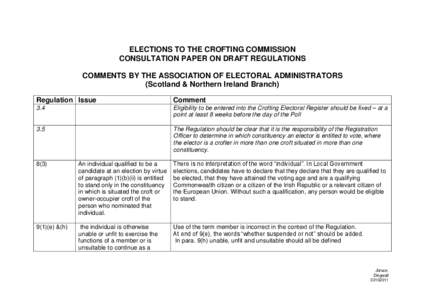 ELECTIONS TO THE CROFTING COMMISSION CONSULTATION PAPER ON DRAFT REGULATIONS COMMENTS BY THE ASSOCIATION OF ELECTORAL ADMINISTRATORS (Scotland & Northern Ireland Branch) Regulation Issue