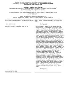 CASES FOR ORAL ARGUMENT, CALENDAR ORDER, REGULAR TERM DISTRICT COURT OF APPEAL, FIRST DISTRICT, AT TALLAHASSEE, FLORIDA COURTROOM ONE, THIRD FLOOR TUESDAY, JUNE 16, :00 AM CASES MAY NOT BE CALLED IN THE SEQUENCE 