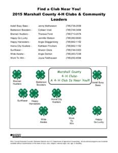 Find a Club Near You!  2015 Marshall County 4-H Clubs & Community Leaders Axtell Busy Bees -