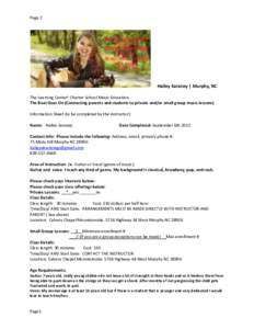 Page 2  Hailey Saraney | Murphy, NC The Learning Center! Charter School Music Education The Beat Goes On (Connecting parents and students to private and/or small group music lessons) Information Sheet (to be completed by