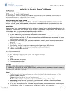 College of Graduate Studies  Instructions Application for Governor General’s Gold Medal