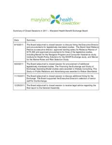     Summary of Closed Sessions in 2011 ­­ Maryland Health Benefit Exchange Board      Date 