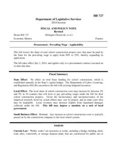 HB 727 Department of Legislative Services 2014 Session FISCAL AND POLICY NOTE Revised House Bill 727