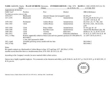 NAME:  GARSON, Charles Nisbet  PLACE OF BIRTH: Stromness,       ENTERED SERVICE:  1 March[removed]DATES: b