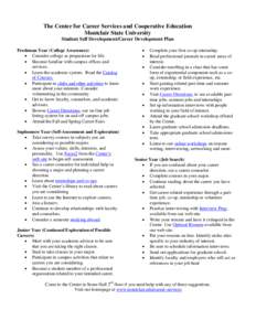 The Center for Career Services and Cooperative Education Montclair State University Student Self Development/Career Development Plan Freshman Year (College Awareness)  Consider college as preparation for life.  Bec