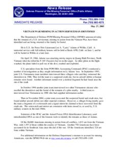 News Release Defense Prisoner of War/Missing Personnel Office (Public Affairs) Washington, DC[removed]IMMEDIATE RELEASE