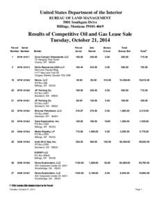 United States Department of the Interior BUREAU OF LAND MANAGEMENT 5001 Southgate Drive Billings, Montana[removed]Results of Competitive Oil and Gas Lease Sale