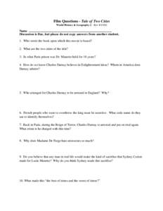 Film Questions - Tale of Two Cities World History & Geography 2 - Rev[removed]Name Discussion is fine, but please do not copy answers from another student. 1. Who wrote the book upon which this movie is based?