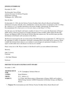 [DNFSB LETTERHEAD] December 20, 1995 The Honorable Victor H Reis Assistant Secretary for Defense Programs Department of Energy Washington, D.C[removed]