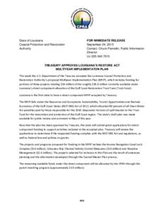 State of Louisiana Coastal Protection and Restoration Authority FOR IMMEDIATE RELEASE September 24, 2015