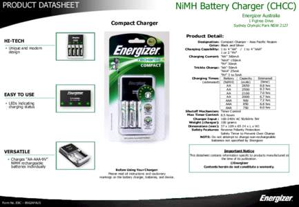 PRODUCT DATASHEET  NiMH Battery Charger (CHCC) Energizer Australia  1 Figtree Drive