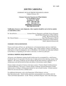 SC - 1 of 8  SOUTH CAROLINA SUMMARY OF PLANT PROTECTION REGULATIONS Updated February 2011 Clemson University Department of Plant Industry