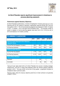 28th May, 2014  An Bord Pleanála reports significant improvement in timelines to process planning casework Performance against Statutory Objectives An Bord Pleanála’s performance, in terms of meeting the 18 week peri