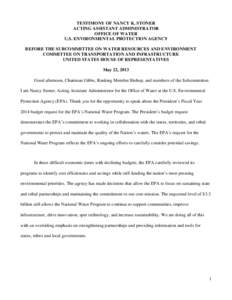 TESTIMONY OF NANCY K. STONER ACTING ASSISTANT ADMINISTRATOR OFFICE OF WATER U.S. ENVIRONMENTAL PROTECTION AGENCY BEFORE THE SUBCOMMITTEE ON WATER RESOURCES AND ENVIRONMENT COMMITTEE ON TRANSPORTATION AND INFRASTRUCTURE