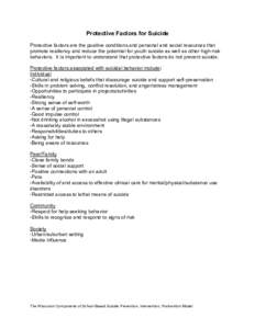 Protective Factors for Suicide Protective factors are the positive conditions and personal and social resources that promote resiliency and reduce the potential for youth suicide as well as other high-risk behaviors. It 
