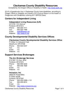 Clackamas County Disability Resources Compiled by the Oregon Office on Disability & Health, http://www.oodh.org. 22.4% of people who live in Clackamas County have disabilities, according to Oregon Office on Disability an