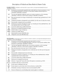 Description of Federal and State Ranks & Status Codes GLOBAL RANK - The global or world-wide rank of a species which is a non-legal rank indicating the rarity and vulnerability of a species  G1