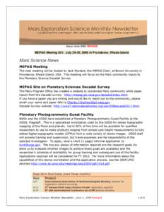 Issue: June 2009 REVISED  MEPAG Meeting #21: July 29-30, 2009 in Providence, Rhode Island. Mars Science News MEPAG Meeting