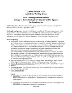 CLIMATE ACTION TEAM Agriculture Working Group Near-Term Implementation Plan Strategy 1: Central Valley Dairy Digester and Co-digester Facilities Program CAT Working Group Overview: This working group is focused on the mi