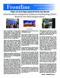 Frontline  American Decency Association May 2009 Vol. XXIV Issue V  Same sex marriages jammed down our throats