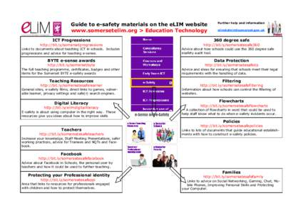 Guide to e-safety materials on the eLIM website www.somersetelim.org > Education Technology Further help and information [removed]