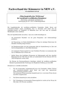 Fachverband der Kämmerer in NRW e.V. www.kaemmerer-nrw.de „Mönchengladbacher Erklärung“ der nordrhein-westfälischen Kämmerer (Einstimmig verabschiedet im Rahmen der