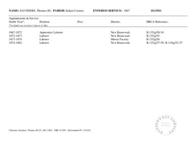 NAME: SAUNDERS, Thomas (B) PARISH: Indian Country Appointments & Service Outfit Year*: Position: *An Outfit year ran from 1 June to 31 May[removed]