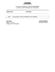 LOK SABHA CORRIGENDA-2 to the List of Questions for WRITTEN ANSWERS on March 13, 2015 /Phalguna 22, 1936 (Saka)  Question No.