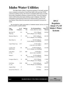 Idaho Water Utilities The Idaho Public Utilities Commission regulates 25 privately operated water companies varying from United Water Idaho with more than 70,000 customers to utilities serving a few homes in residential 