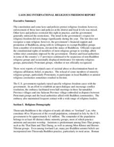 LAOS 2012 INTERNATIONAL RELIGIOUS FREEDOM REPORT