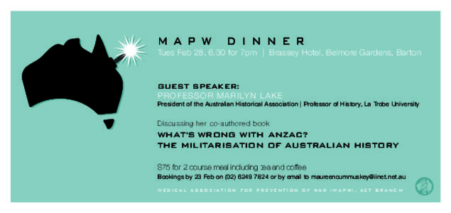 M A P W  D I N N E R Tues Feb 28, 6.30 for 7pm | Brassey Hotel, Belmore Gardens, Barton