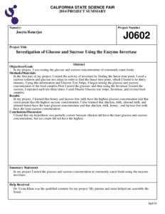 CALIFORNIA STATE SCIENCE FAIR 2014 PROJECT SUMMARY Name(s)  Joeyta Banerjee