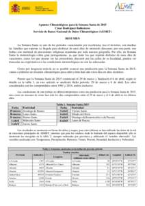 Apuntes Climatológicos para la Semana Santa de 2015 César Rodríguez Ballesteros Servicio de Banco Nacional de Datos Climatológicos (AEMET) RESUMEN La Semana Santa es uno de los periodos vacacionales por excelencia; t