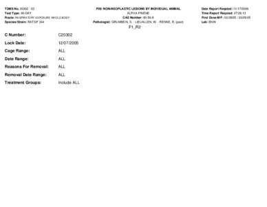 TDMS No[removed]Test Type: 90-DAY Route: RESPIRATORY EXPOSURE WHOLE BODY Species/Strain: RATS/F 344  P09: NON-NEOPLASTIC LESIONS BY INDIVIDUAL ANIMAL