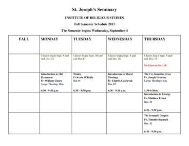 St. Joseph’s Seminary INSTITUTE OF RELIGIOUS STUDIES Fall Semester Schedule 2013 The Semester begins Wednesday, September 4  FALL