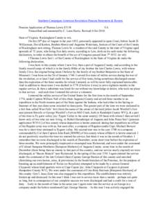 Southern Campaigns American Revolution Pension Statements & Rosters Pension Application of Thomas Lewis S7138 VA Transcribed and annotated by C. Leon Harris. Revised 6 Oct[removed]State of Virginia Rockingham County to wit