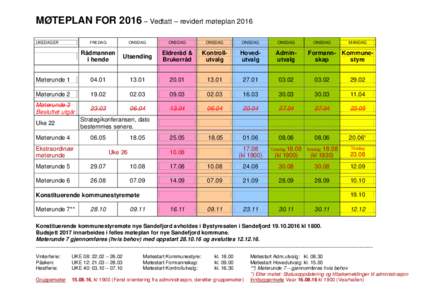 MØTEPLAN FOR 2016 – Vedtatt – revidert møteplan 2016 UKEDAGER FREDAG  ONSDAG