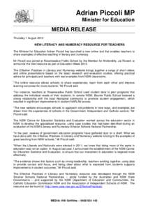 Adrian Piccoli MP Minister for Education MEDIA RELEASE Thursday 1 August 2013