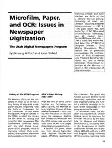 Microfilm, Paper, and OCR: Issues in Newspaper Digitization The Utah Digital Newspapers Program by Kenning Arlitsch and John Herbert