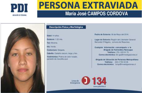 María José CAMPOS CORDOVA  Edad: 14 años. Estatura: 1.52 mts. Tez: Morena. Iris: Verde.