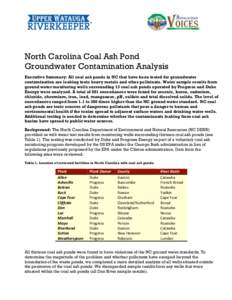 North Carolina Coal Ash Pond Groundwater Contamination Analysis Executive Summary: All coal ash ponds in NC that have been tested for groundwater contamination are leaking toxic heavy metals and other pollutants. Water s