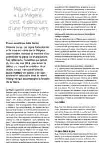 Mélanie Leray « La Mégère, c’est le parcours d’une femme vers la liberté » Propos recueillis par Adèle Duminy