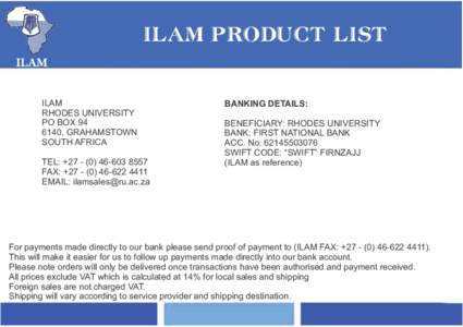 ILAM PRODUCT LIST ILAM ILAM RHODES UNIVERSITY PO BOX[removed], GRAHAMSTOWN