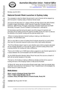 Media Release  Australian Education Union - Federal Office Ground Floor, 120 Clarendon Street, Southbank, Victoria, 3006 Phone : +[removed] Fax : +[removed]